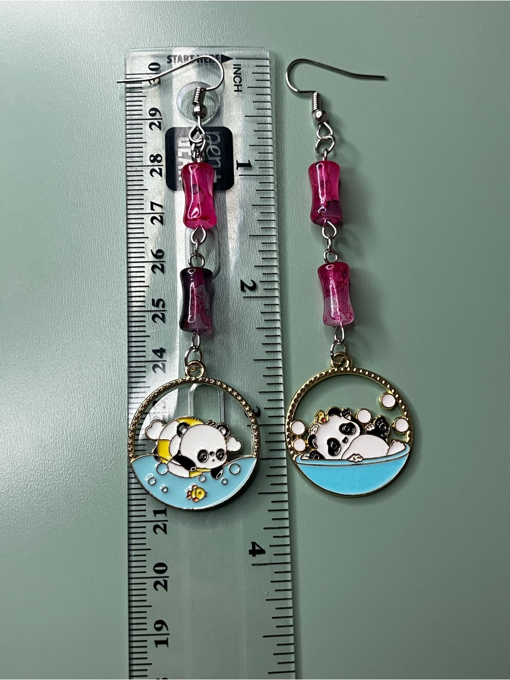Handmade Bamboo Shaped Glass Bead Dangle Earrings with Panda Charms - Picture 5 of 5